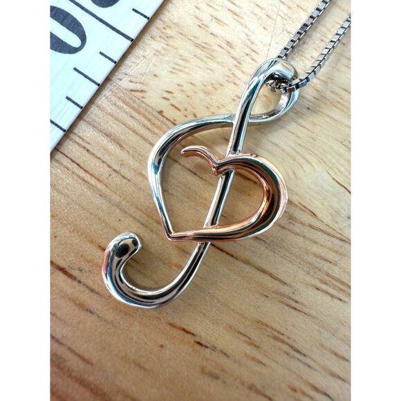 Treble Clef Sterling Silver & Rose Gold Plated Treble Clef Heart Necklace - Picture 7 of 10